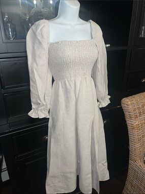 Reformation Light Beige Smocked Square-Neck Linen Midi Dress
